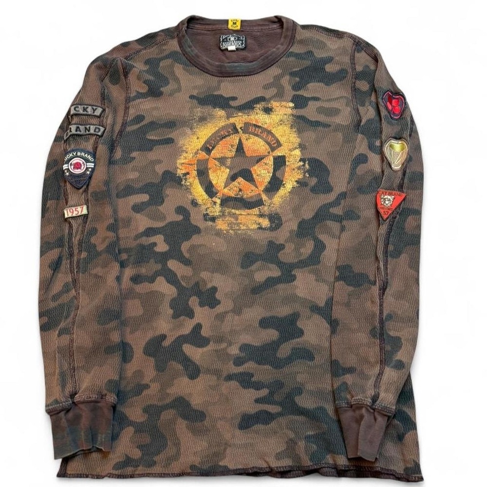 Vintage Y2K Lucky Brand Camo military punk grunge Thermal Long Sleeve Medium